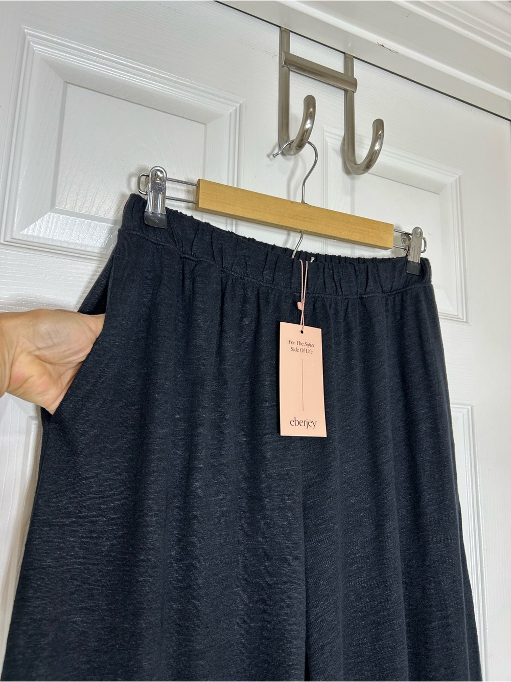 Eberjey Black Organic Linen Knit High Waisted Pant & Cropped tank Top Set S - Picture 4 of 16